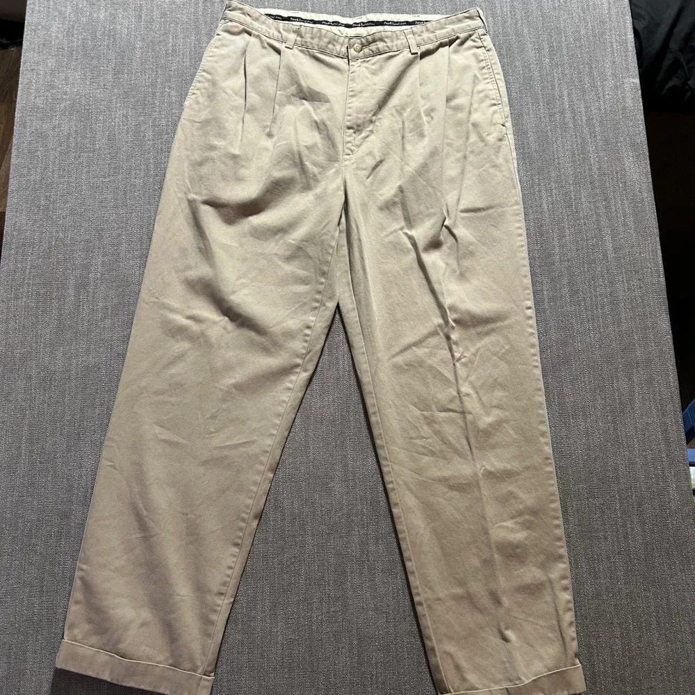 Polo Ralph Lauren Chino Pants Mens 38x32 Khaki Tan Pleated Cuffed Cotton Twill